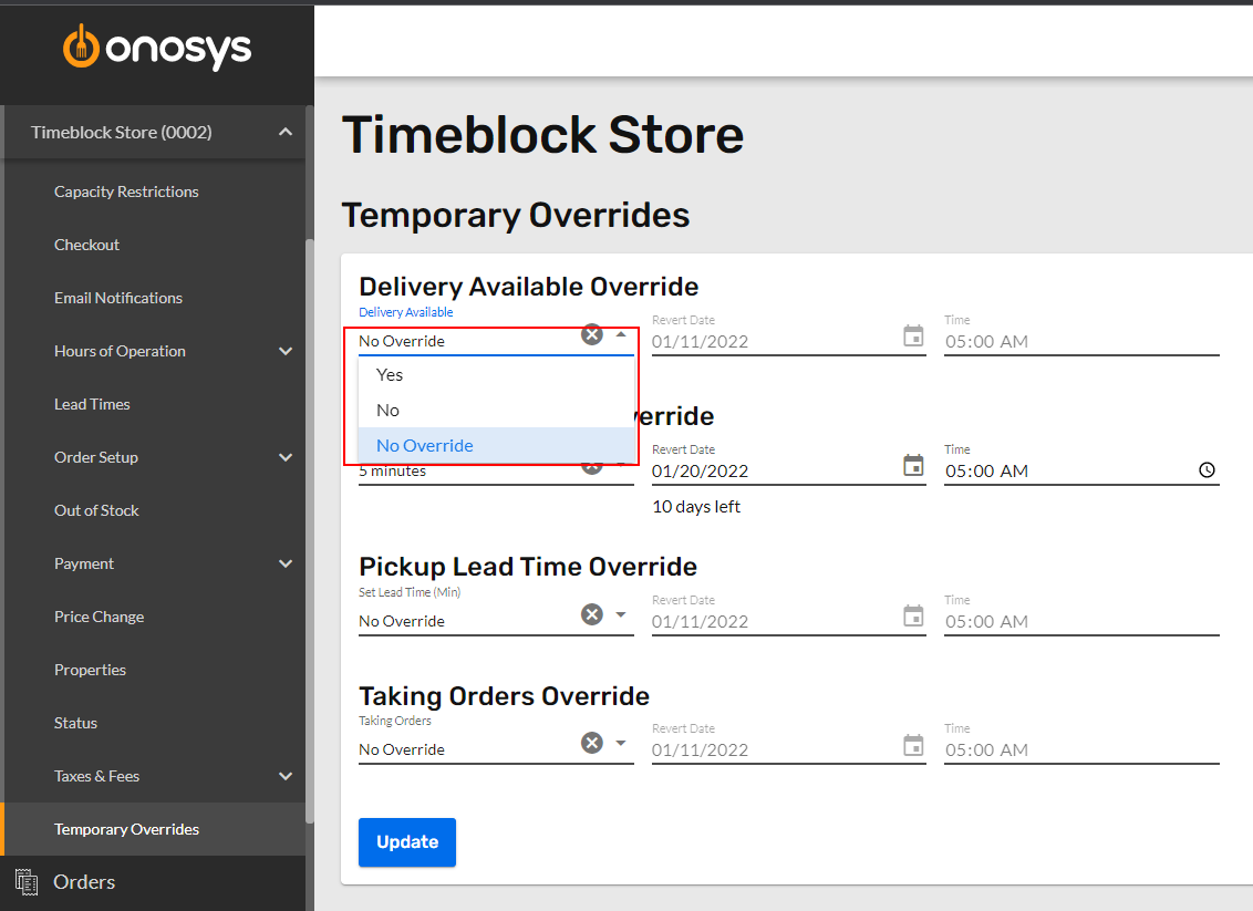 Set a Delivery Availability Override – Onosys