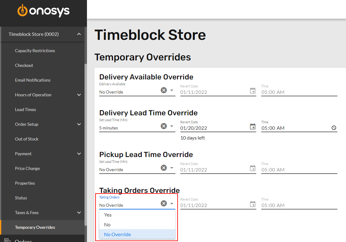 Set a Taking Orders Override – Onosys