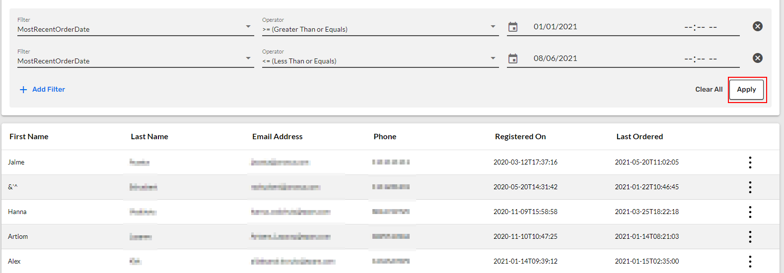 Customer Results Filters – Onosys